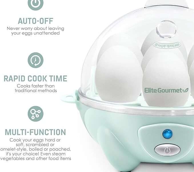 Elite Gourmet EGC007M# Rapid Egg Cooker, 7 Easy-To-Peel, Hard, Medium, Soft Boiled Eggs, Poacher, Omelet Maker, Auto Shut-Off, Alarm, 16-Recipe Booklet, BPA-Free, Mint, 7 Egg