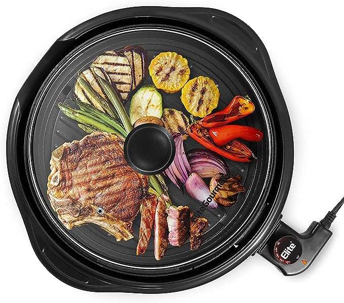 Elite Gourmet EMG1100 Electric Indoor Nonstick Grill, Dishwasher Safe, Cool Touch, Fast Heat Up Ideal Low-Fat Meals, Includes Tempered Glass Lid,