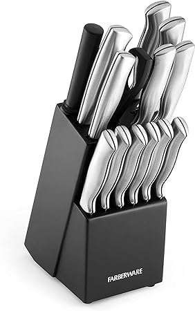 Farberware 5152497 15-Piece High-Carbon Stamped Stainless Steel Kitchen Knife Set with Wood Block, Steak Knives, Razor-Sharp, Black