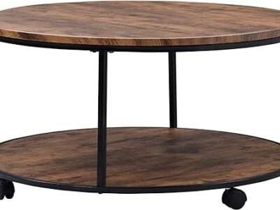 GIA Home Furniture Series Round Coffee Table with Open 2-Tier Storage Shelf,MDF Desktop + Metal Frame&Two Lockable Caster Wheels, for Living Room, Rustic Brown