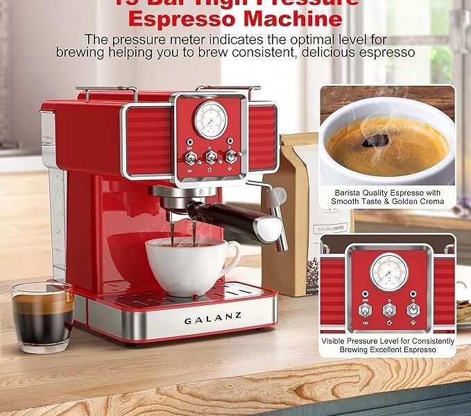 Galanz Retro Espresso Machine with Milk Frother, 15 Bar Pump Professional Cappuccino and Latte Machine, 1.5L Removable Water Tank, Retro Red, 1350 W