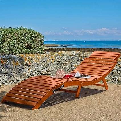 Greesum Wood Folding Chaise Lounge Chair Set of 2, Weatherproof Extended Sun Lounger with Adjustable Headrest for Patio, Balcony Poolside Garden