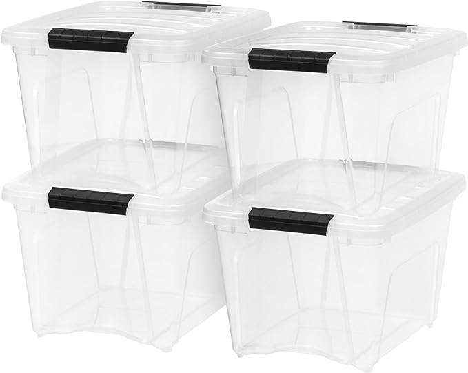 IRIS USA 19 Quart Stackable Plastic Storage Bins with Lids and Latching Buckles, 4 Pack - Clear, Containers with Lids and Latches, Durable Nestable Closet, Garage, Totes, Tub Boxes Organizing