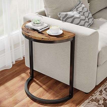 LITTLE TREE End Table Half Round, Small Side Table Space Saving Narrow Accent Table for Living Room Sofa Couch, Bedroom, Rustic Brown