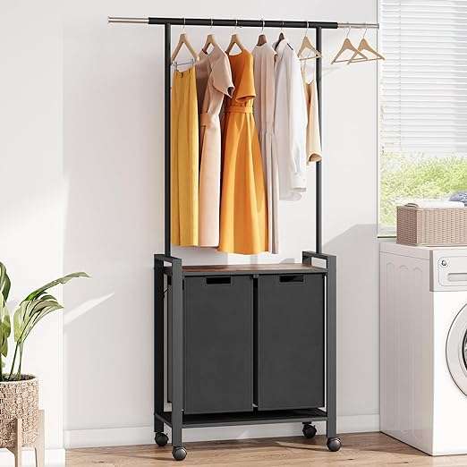 Laundry Sorter 2 Section Laundry Hamper Sorter with Clothes Hanging Rod and Wooden Storage Shelf 2 X 13gal Laundry Basket Organizer for Laundry Room Organization Storage Baskets, Black