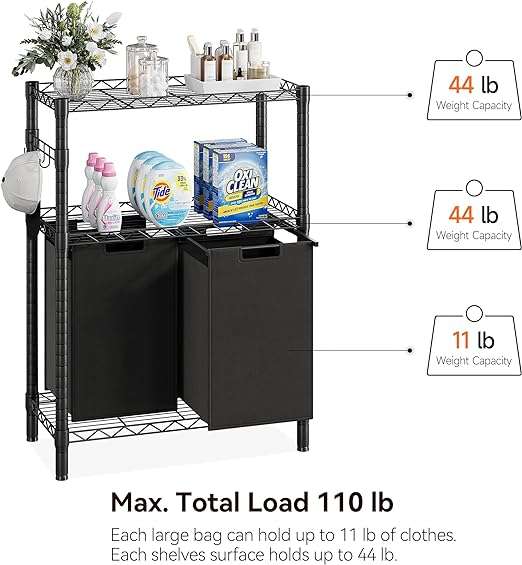 Laundry Sorters with 2 X 45L Laundry Bags & 2 Tier Adjustable Storage Shelf, Pull-Out and Removable Oxford Fabric Laundry Baskets, Black