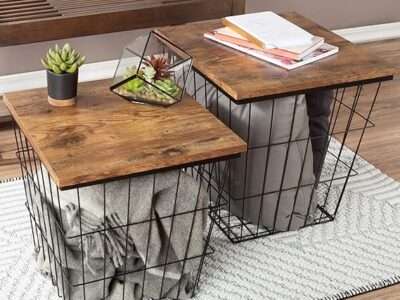 Lavish Home End Storage – Nesting Wire Basket Base and Wood Tops – Industrial Farmhouse Style Side Table, Set of 2 - Square, Brown