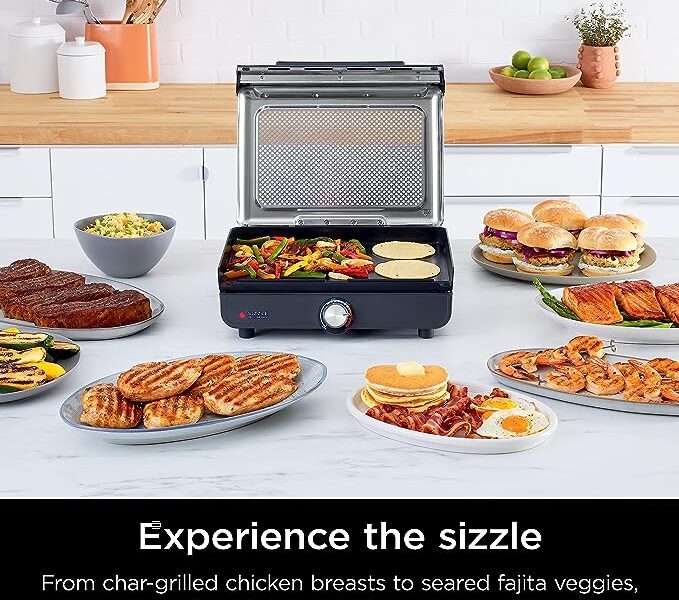 Ninja GR101 Sizzle Smokeless Indoor Grill & Griddle, 14'' Interchangeable Nonstick Plates, Dishwasher-Safe Removable Mesh Lid, 500F Max Heat, Even Edge-to-Edg