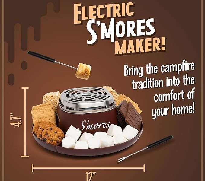 Nostalgia Tabletop Indoor Electric S'mores Maker - Smores Kit With Marshmallow Roasting Sticks and 4 Trays for Graham Crackers, Chocolate, and Marshmallows - Movie Night Supplies - Brown