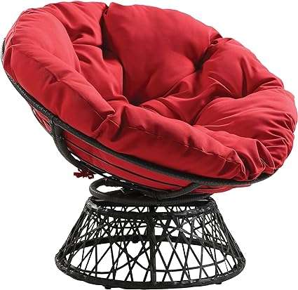 OSP Home Furnishings Wicker Papasan Chair with 360-Degree Swivel, Grey Frame with Red Cushion
