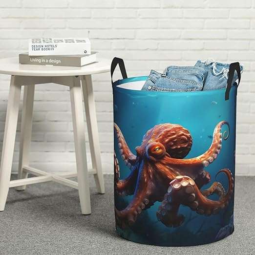 Ocean Animal Octopus Printed Laundry Basket Collapsible Laundry Hamper Waterproof Storage Basket With Handles For Home Bathroom Bedroom Dorm