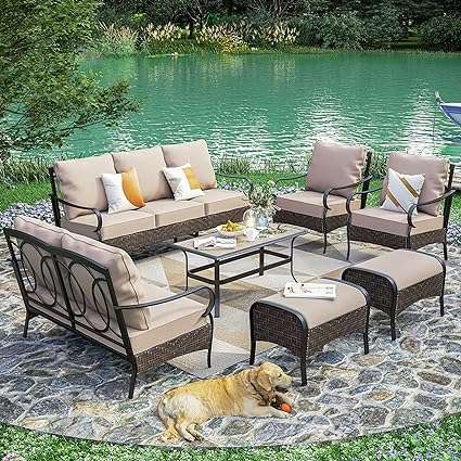 PHI VILLA 7 Pieces Metal Outdoor Patio Furniture Set, Extra Large Outdoor Conversation Sets for 9, Heavy Duty Patio Furniture Set for Backyard, Deck & Sunroom, Ottoman, Loveseat & Stationary Armchairs