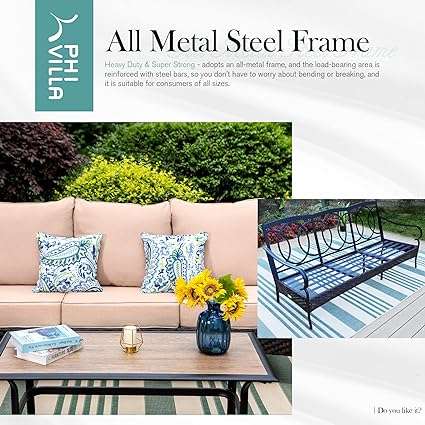 PHI VILLA 7 Pieces Metal Outdoor Patio Furniture Set, Extra Large Outdoor Conversation Sets for 9, Heavy Duty Patio Furniture Set for Backyard, Deck & Sunroom, Ottoman, Loveseat & Stationary Armchairs