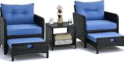 Pamapic 5 Pieces Wicker Patio Furniture Set Outdoor Patio Chairs with Ottomans Conversation Furniture with coffetable for Poorside Garden Balcony