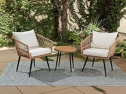 Quality Outdoor Living 65-YZ03HM Hermosa 3 Piece Chat Set, Aluminum Frame + Tan Wicker + Linen Cushions
