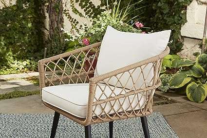 Quality Outdoor Living 65-YZ03HM Hermosa 3 Piece Chat Set, Aluminum Frame + Tan Wicker + Linen Cushions