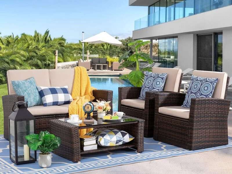Shintenchi Outdoor Patio Furniture 4 Piece Set, Wicker Rattan Sectional Sofa Couch with Glass Coffee Table Brown