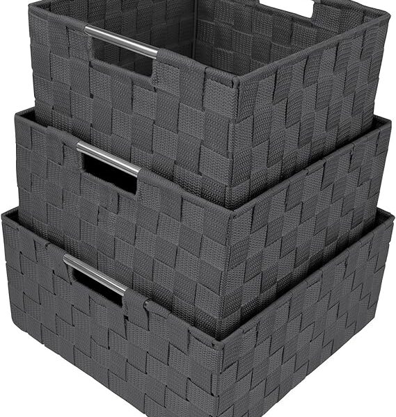Sorbus Storage Box Woven Basket Bin Container Tote Cube Organizer Set Stackable Storage Basket Woven Strap Shelf Organizer Built-in Carry Handles (Gray)