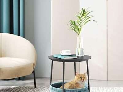 VASAGLE Small Round Side End Table, Modern Nightstand with Fabric Basket, Classic Black, Dark Turquoise