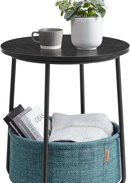 VASAGLE Small Round Side End Table, Modern Nightstand with Fabric Basket, Classic Black, Dark Turquoise