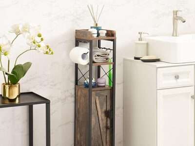 VECELO Small Bathroom Cabinet, Slim Toilet Paper Holder with Door & 2 Shelves, Upgraded Storage Organizer,Fenced Top, Waterproof Coating