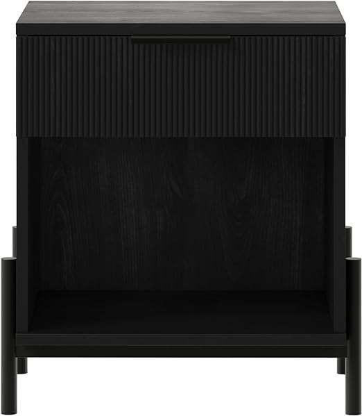 Walker Edison Modern Reeded-Drawer Nightstand with Open Storage, 24 Inch, Black