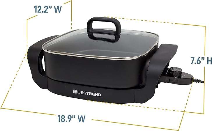 West Bend Electric Skillet, Family-Sized 3-Inch Deep with Diamond Shield Scratch-Resistant Non-Stick Finish, 12-Inch, Black