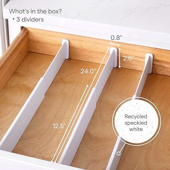 YouCopia, Adjustable and Expandable Kitchen Organizers for Utensil and Tool Storage, Shallow Drawer Dividers, 3-Pack, Speckled White