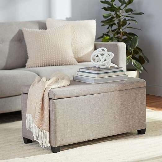 Amazon Basics Upholstered Rectangular Storage Ottoman and Entryway Bench, 35.5"W x 16.5"D x 17"H, Light Gray