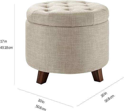 Amazon Basics Upholstered Tufted Storage Round Ottoman Footstool, Burlap Beige, ‎20"W x 20"D x 17"H