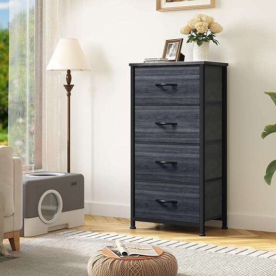 DWVO 4 Drawers Dresser, Dresser for Bedroom, Fabric Storage Tower, Chest of Drawers, Organizer Unit for Closets, Living Room, Sturdy Steel Frame, Wooden Top, Easy Pull Fabric Bins, Black Wood Grain