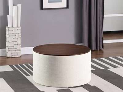 HomePop Modern Fabric Storage Ottoman with Wood Top - Stain-Resistant Cream Woven 30 x 30 inch