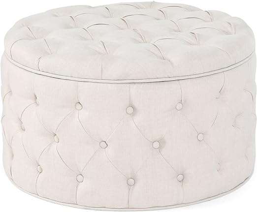 Homebeez 28 Inch Round Storage Ottoman Button-Tufted Fabric Footrest Stool Coffee Table for Living Room (Oatmeal)