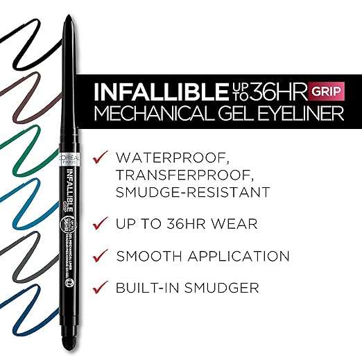 L'Oreal Paris Infallible Grip Mechanical Gel Eyeliner Pencil, Smudge-Resistant, Waterproof Eye Makeup with Up to 36HR Wear, Intense Black, 0.01 Oz