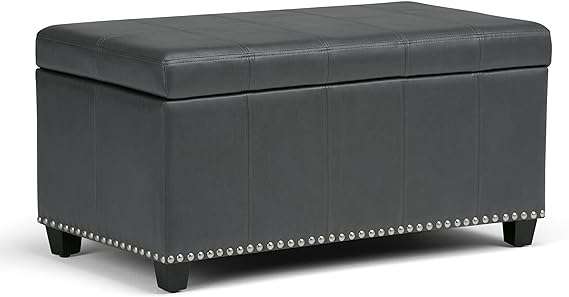 SIMPLIHOME Amelia 33 Inch Wide Transitional Rectangle Storage Ottoman Bench in Stone Grey Vegan Faux Leather, For the Living Room, Entryway and Family Room