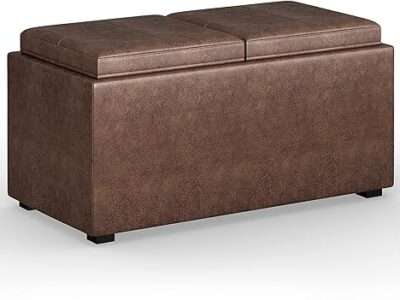 SIMPLIHOME Avalon 35 inch Wide Rectangle 5 Pc Storage Ottoman with 2 serving Trays in Upholstered Distressed Chestnut Brown Faux Leather, Footrest Stool, Coffee Table for the Living Room, Bedroom