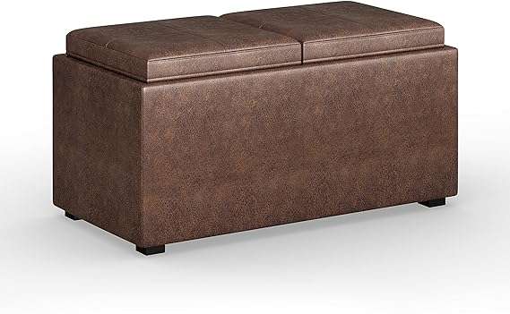 SIMPLIHOME Avalon 35 inch Wide Rectangle 5 Pc Storage Ottoman with 2 serving Trays in Upholstered Distressed Chestnut Brown Faux Leather, Footrest Stool, Coffee Table for the Living Room, Bedroom