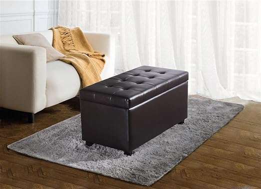 SIMPLIHOME Cosmopolitan 34 inch Wide Rectangle Lift Top Storage Ottoman in Upholstered Tanners Brown Tufted Faux Leather, Footrest Stool, Coffee Table for the Living Room, Bedroom and Kids Room