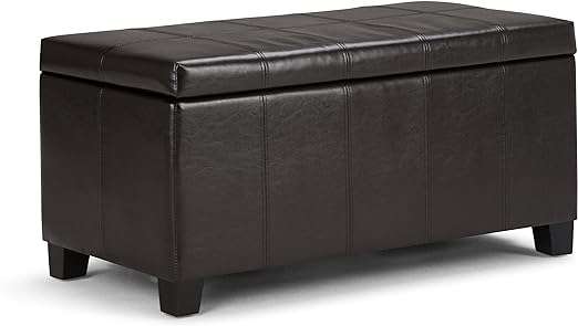 SIMPLIHOME Dover 36 inch Wide Rectangle Lift Top Storage Ottoman Bench in Upholstered Tanners Brown Faux Leather, Footrest Stool, Coffee Table for the Living Room, Bedroom and Kids Room