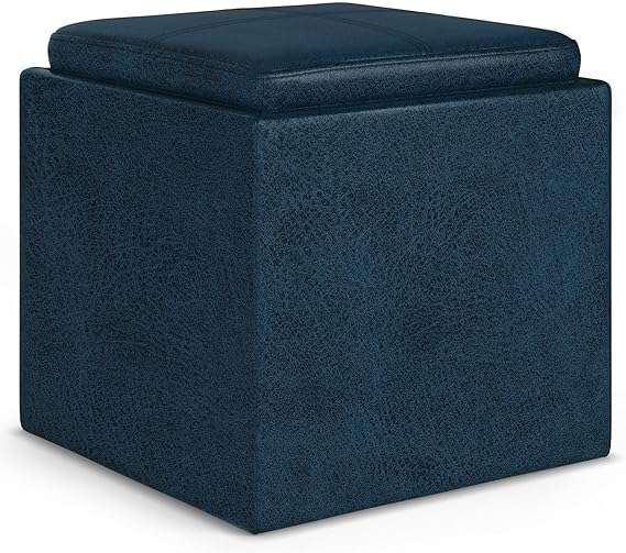 SIMPLIHOME Rockwood 18 Inch Wide Contemporary Square Cube Storage Ottoman with Tray in Distressed Dark Blue Vegan Faux Leather, For the Living Room, Entryway and Family Room