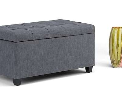 SIMPLIHOME Sienna 34 inch Wide Rectangle Lift Top Storage Ottoman Bench in Slate Grey Tufted Linen Look Fabric, Footrest Stool, Coffee Table for the Living Room, Bedroom and Kids Room, Traditional