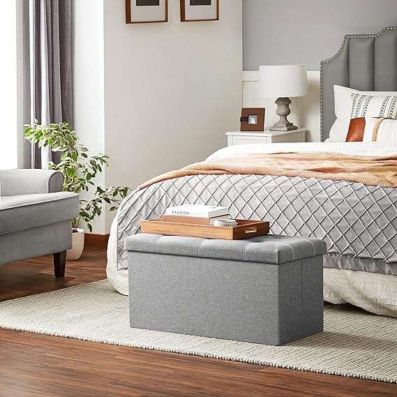 SONGMICS Ottoman Storage Bench, 21 Gal. Folding Chest with Breathable Linen-Look Fabric, Holds 660 lb, for Entryway, Living Room, Bedroom, Light Gray ULSF001G02, 15 x 30 x 15 Inches
