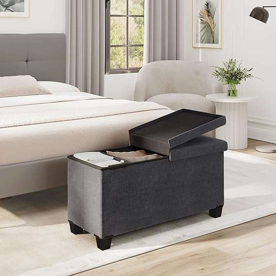 Storage Ottoman Bench with Storage Bins, 30-In Storage Bench for Bedroom End of Bed, Folding Foot Rest Ottoman with Storage for Living Room, Storage Chest Max 660lbs, Linen Fabric Grey Ottoman
