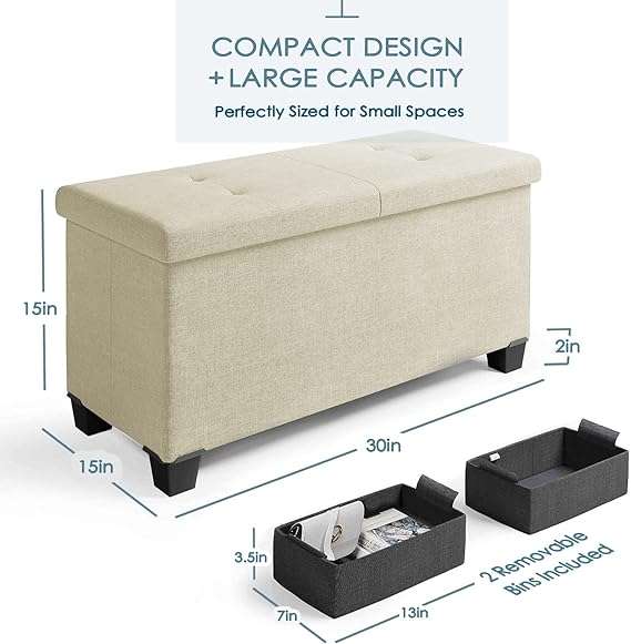 Storage Ottoman Bench with Storage Bins, 30-In Storage Bench for Bedroom End of Bed, Folding Foot Rest Ottoman with Storage for Living Room, Storage Chest Max 660lbs, Linen Fabric Ivory Ottoman