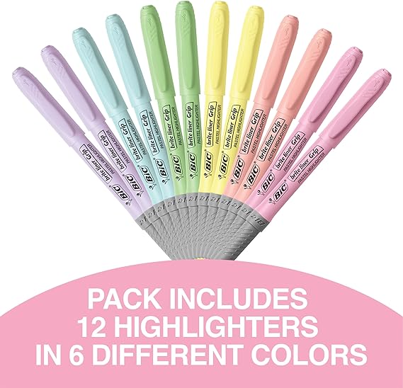 BIC Brite Liner Grip Pastel Highlighter Set, Chisel Tip, 12-Count Pack of Pastel Highlighters in Assorted Colors (colors may vary)