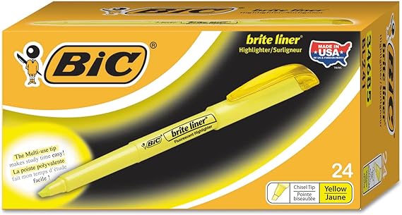 BIC Brite Liner Highlighters, Chisel Tip, 24-Count Pack of Yellow Highlighters, Ideal Highlighter Set for Organizing and Coloring