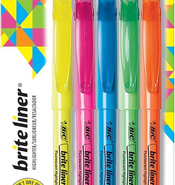 BIC Brite Liner Highlighters, Chisel Tip, 5-Count Pack of Highlighters Assorted Colors, Ideal Highlighter Set for Organizing and Coloring