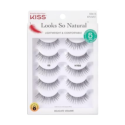 KISS Look So Natural False Eyelashes Multipack 03, Cruelty Free, Vegan, Contact Lens Friendly, Easy to Apply, Includes 5 Pairs of Reusable Strip Lashes