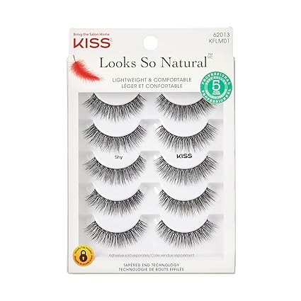 KISS Looks So Natural False Eyelashes, Shy', 12 mm, Includes 5 Pairs Of Lashes, Contact Lens Friendly, Easy to Apply, Reusable Strip Lashes
