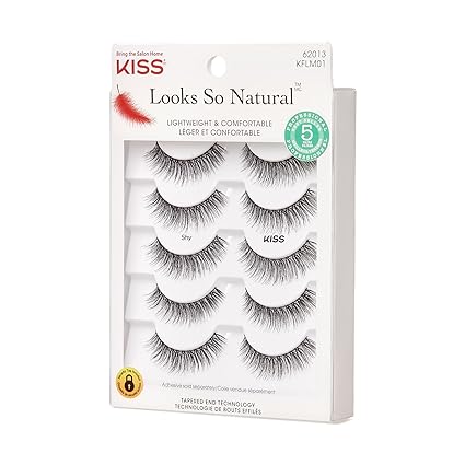 KISS Looks So Natural False Eyelashes, Shy', 12 mm, Includes 5 Pairs Of Lashes, Contact Lens Friendly, Easy to Apply, Reusable Strip Lashes